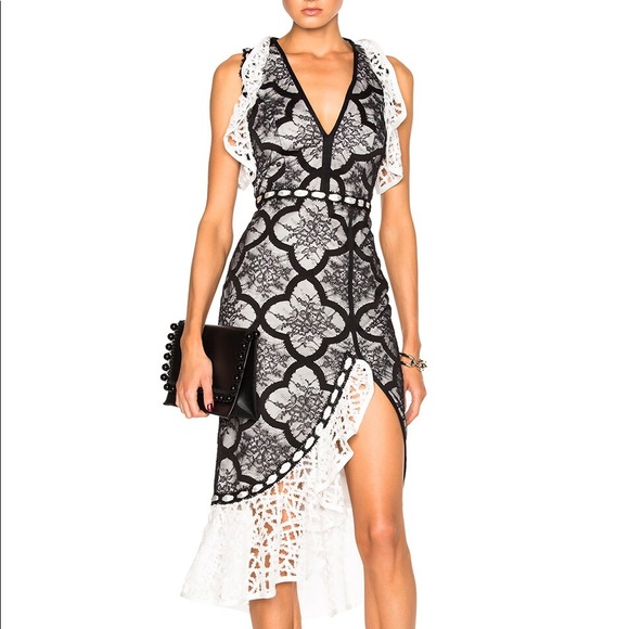Alexis Emily Black and White Lace Ruffle Cap Sleeve Midi Dress with Side Slit XS - Picture 2 of 16